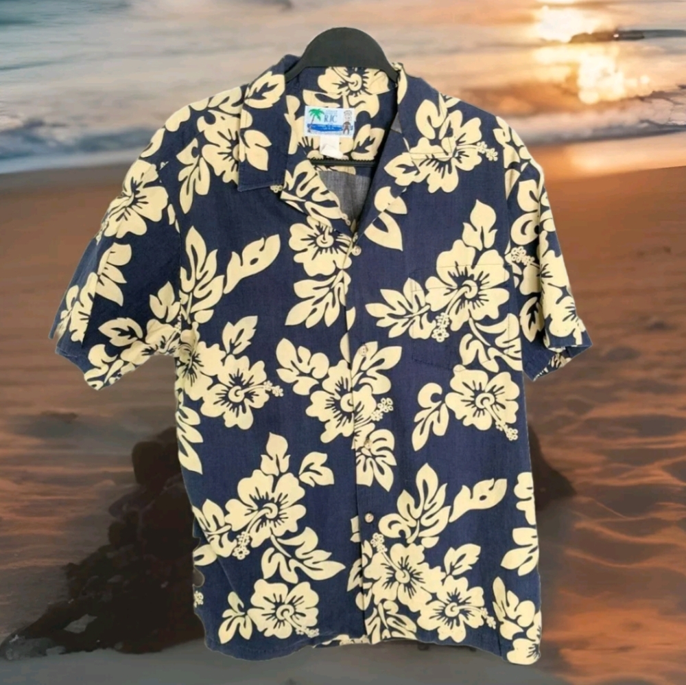 Men's L Hawaiian Shirt Blue Gray White Textured